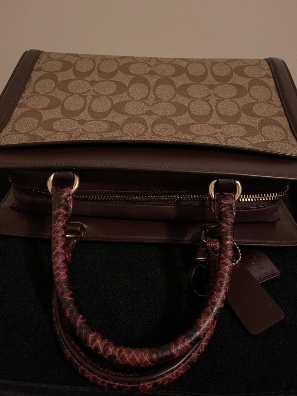 Coach Brown Signature Canvas Tote with Burgundy Leather Trim - Picture 7 of 16